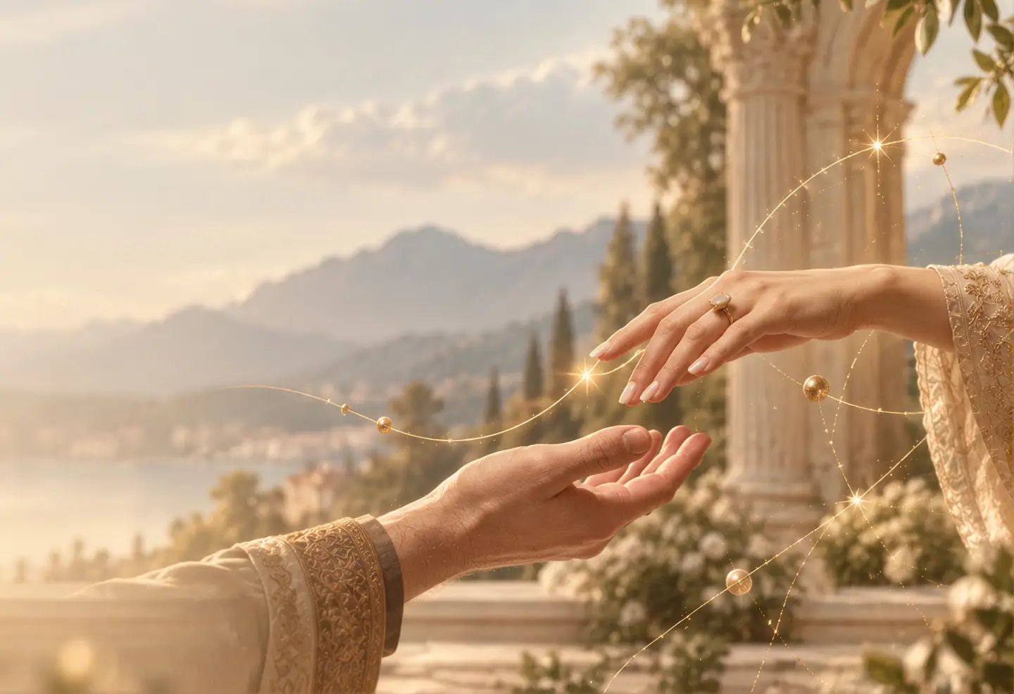 Two hands reaching out with golden astrological lines - kundli matching for marriage